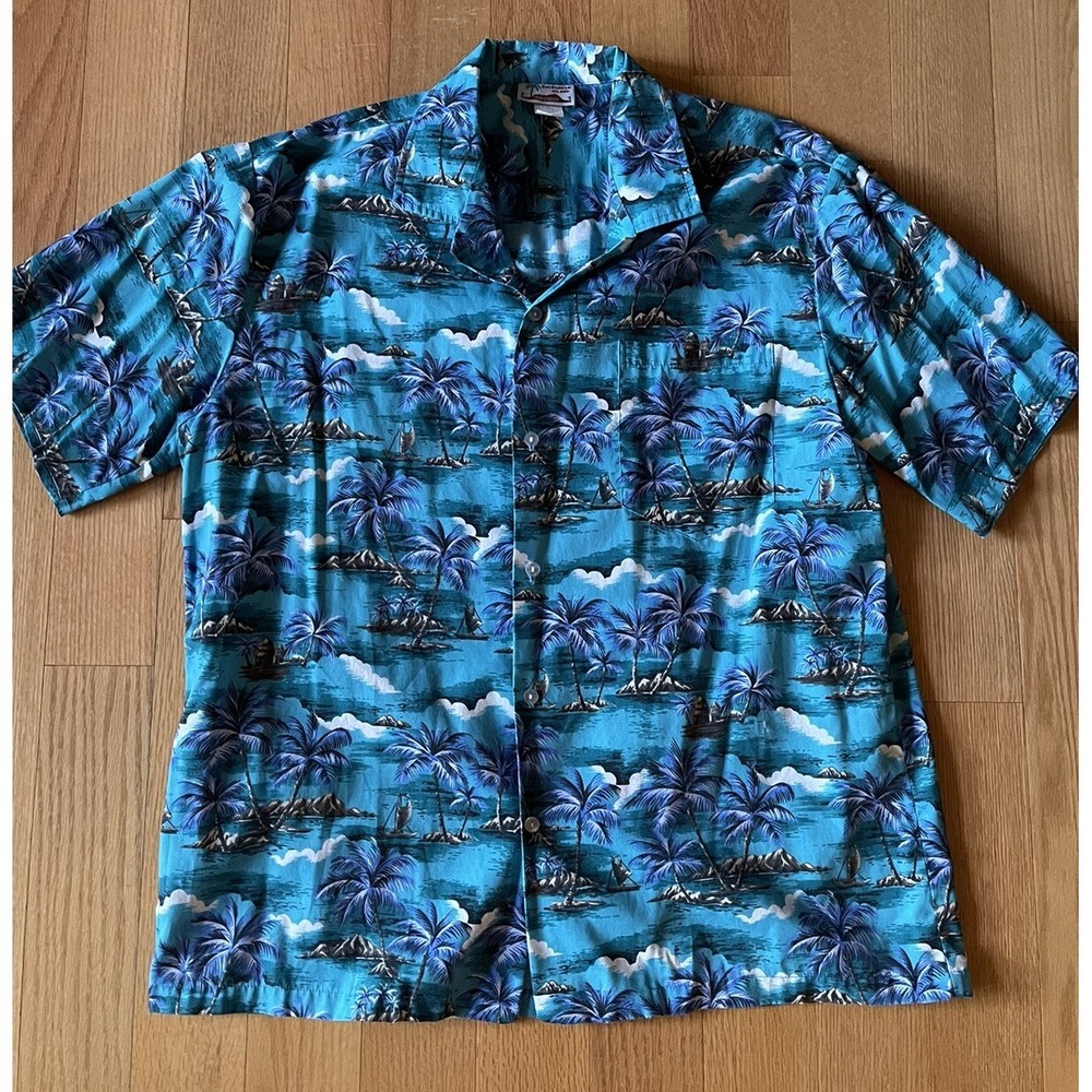 Vtg Evergreen Island Hawaiian Button Shirt Adult Mens XL Blue Palm Trees Waves